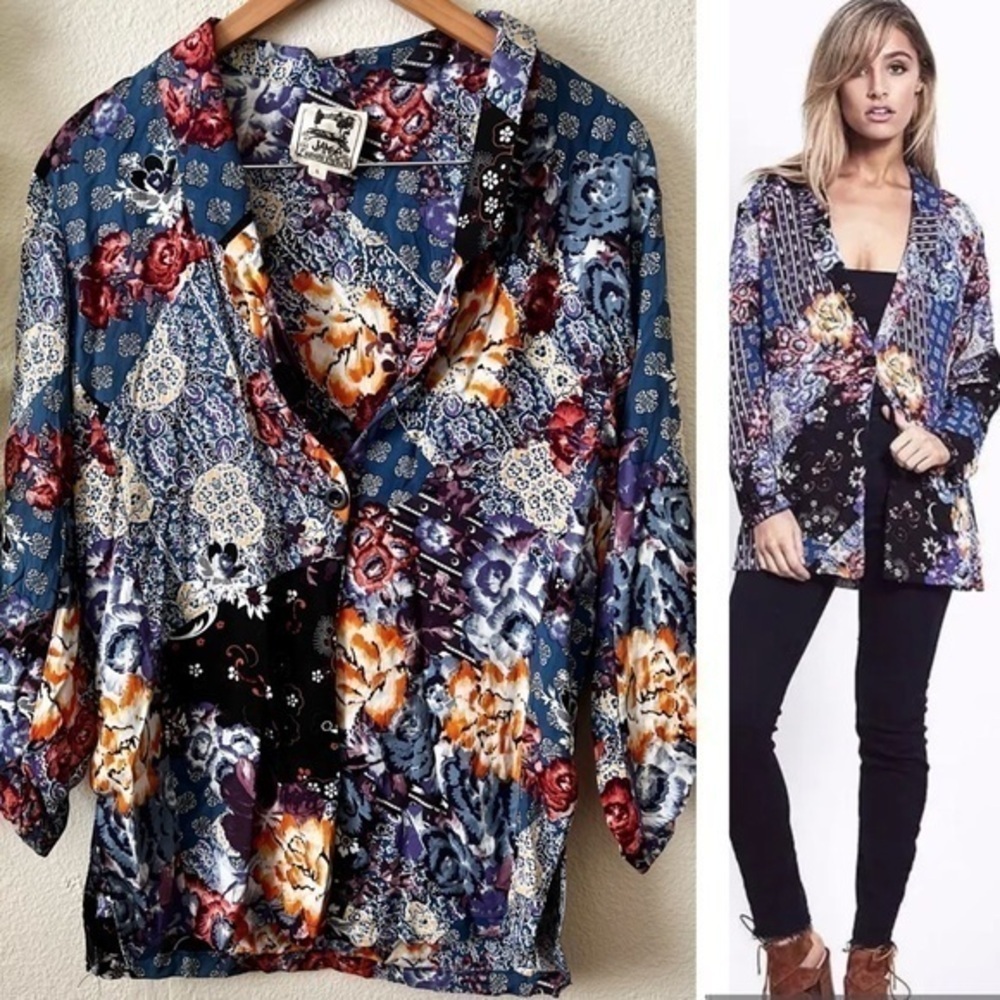 Jaase Blue Floral Patchwork Collage Rosella Blazer